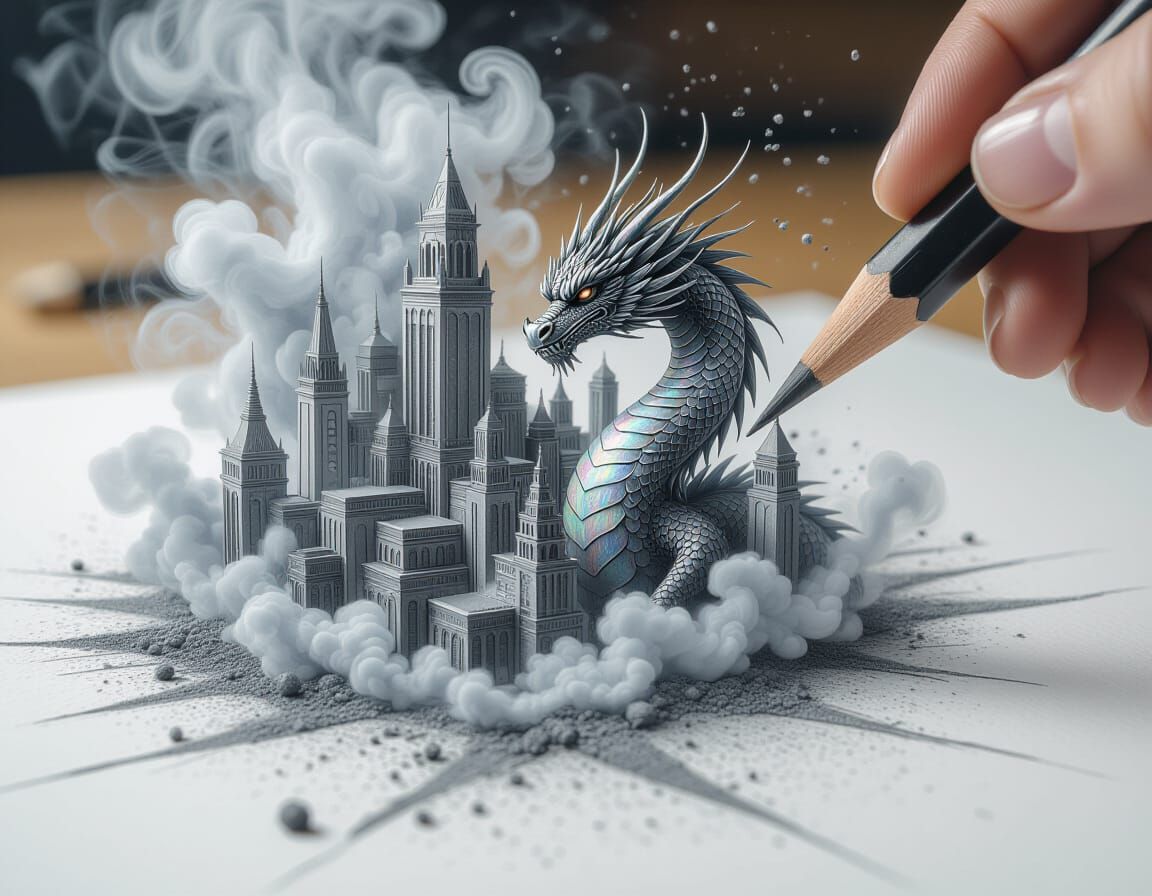 Charcoal Pencil Sketch Forms Dragon City Architecture