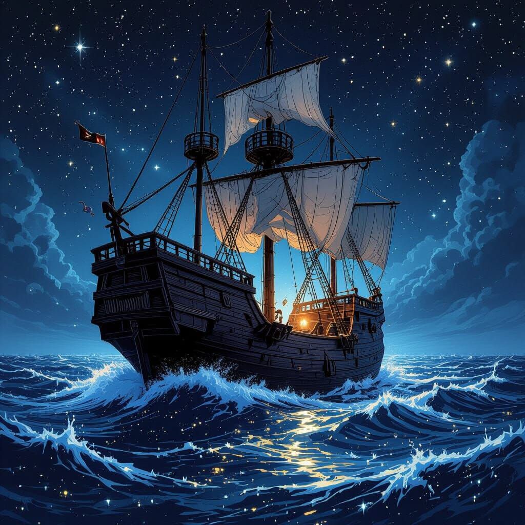 Galleon Sails Starlit Sea in Dramatic Ink Drawing