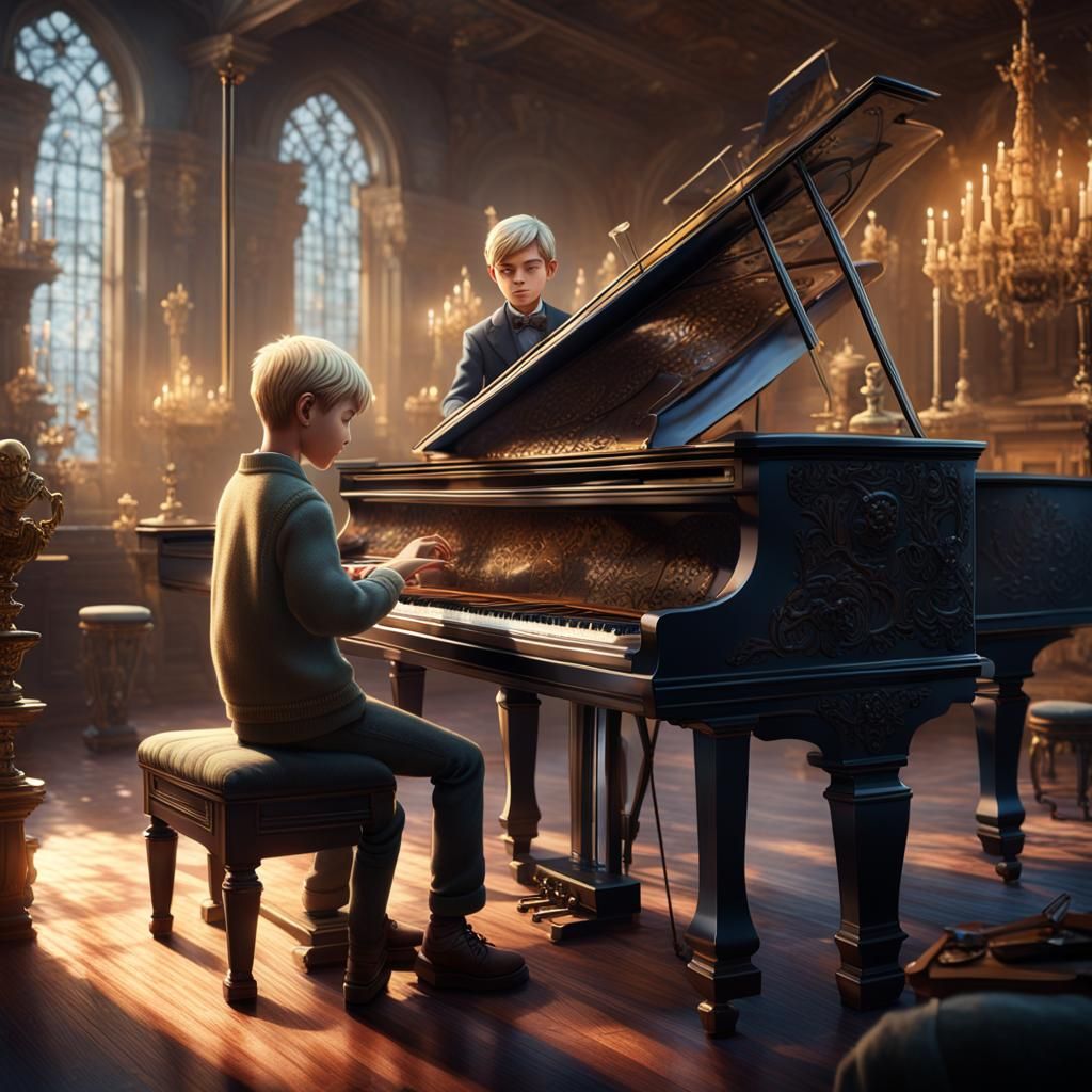 Boys Playing Piano and Violin: Fantasy Concept Art