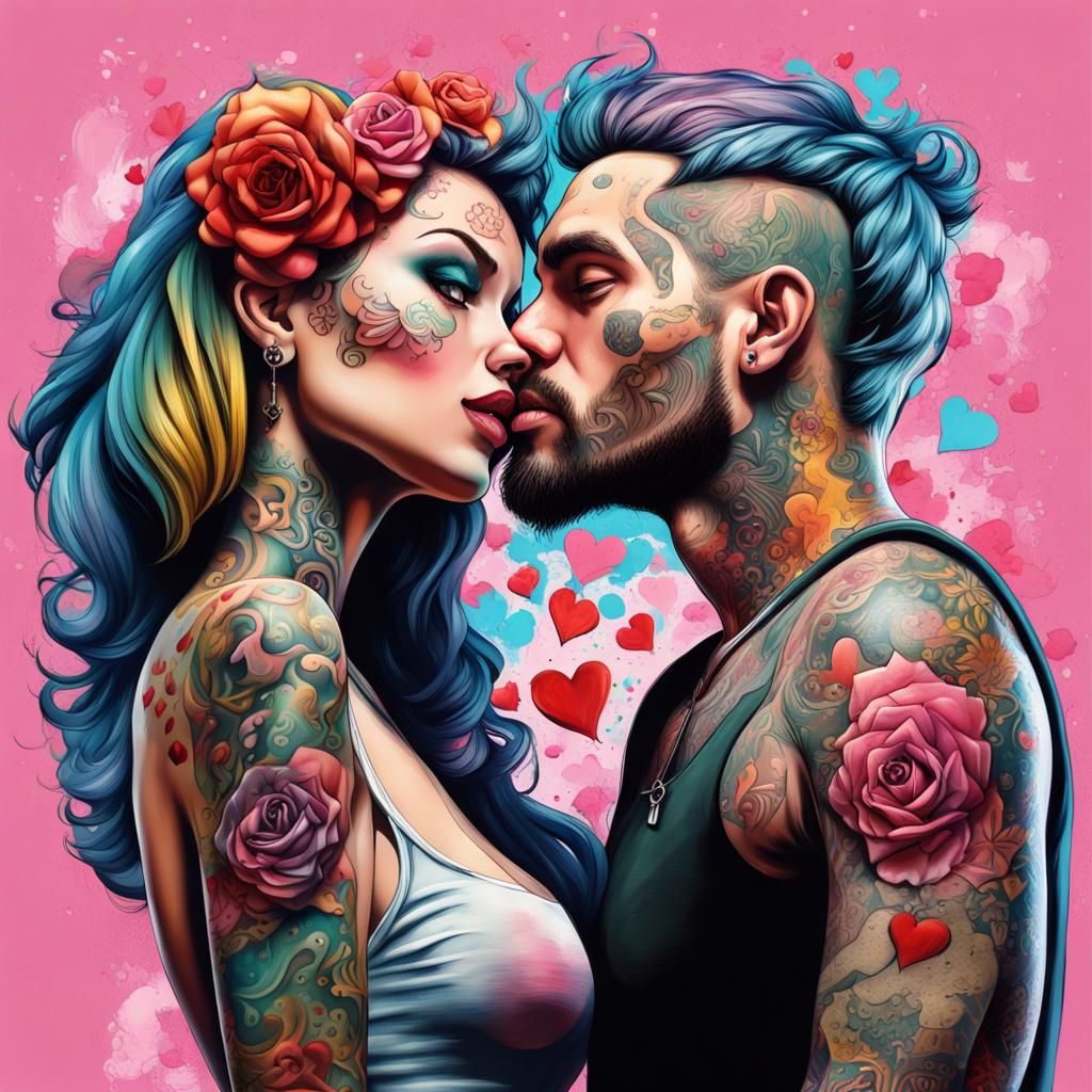Pop Art Tattooed Couple in Love: Valentine's Theme