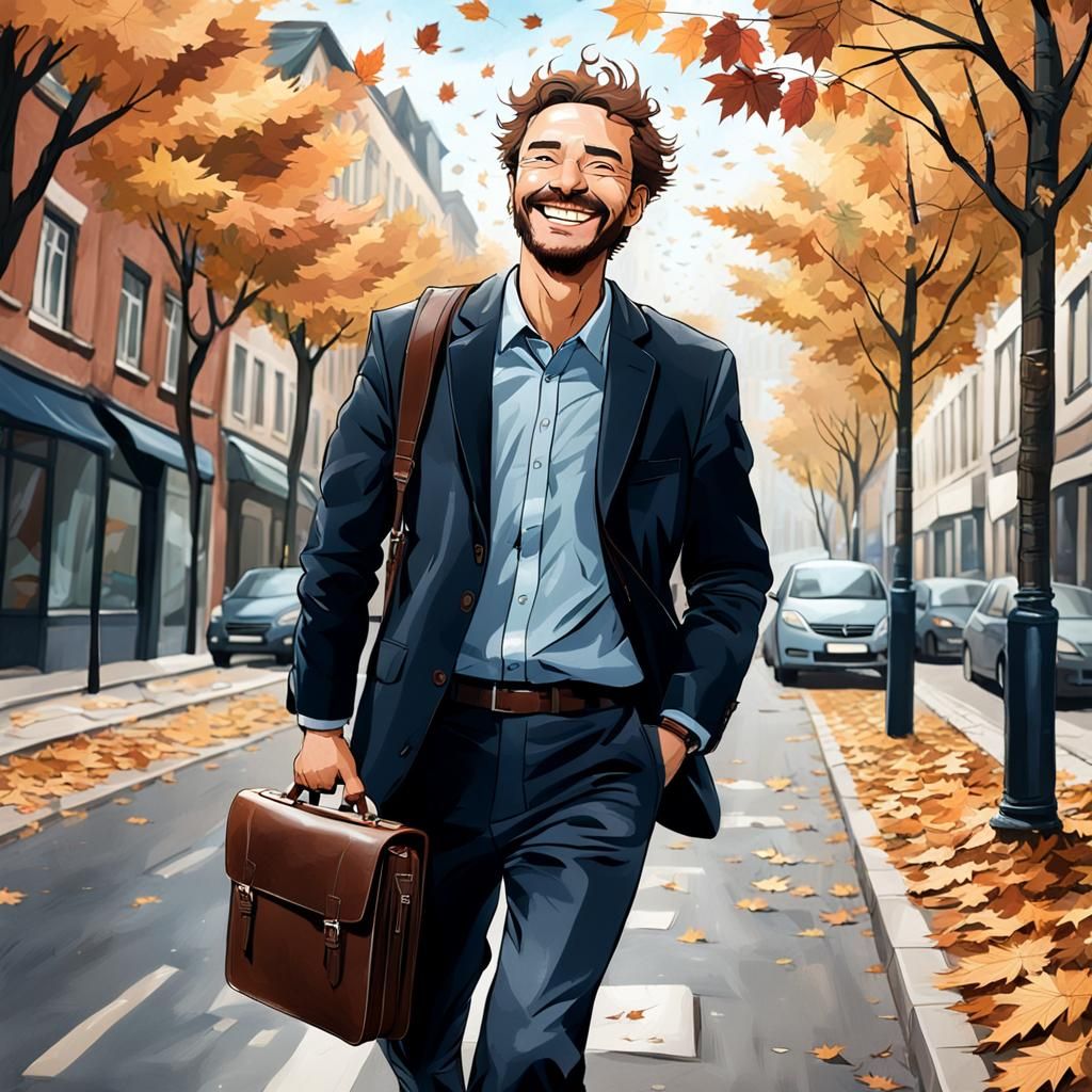 Smiling Man with Briefcase in Windy Street