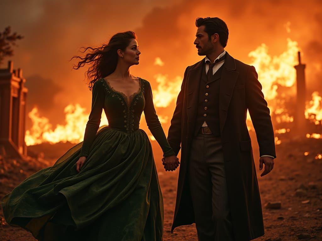 Rhett Butler and Scarlett O'Hara in 1864, standing before the burning city of Atlanta during the American Civil War. Sca...
