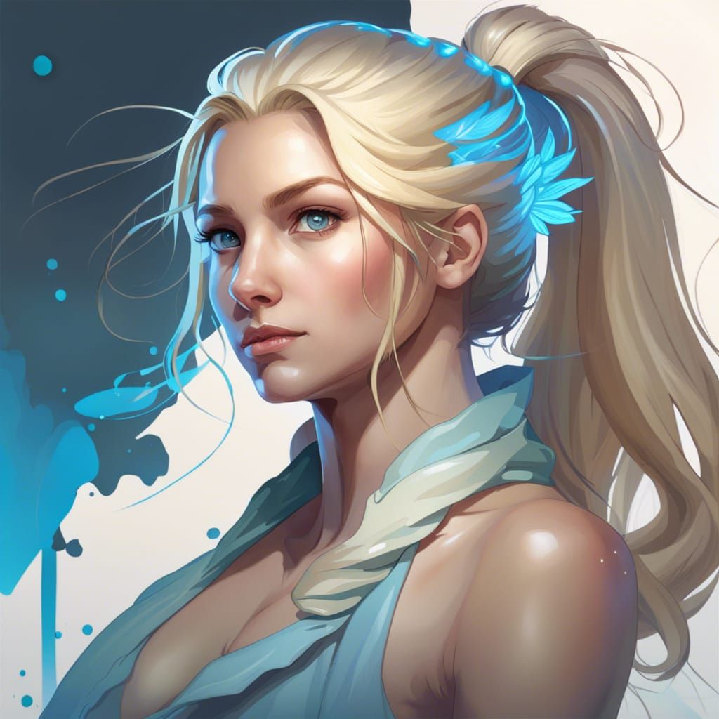 Blonde Girl Portrait with Blue Eyes in Digital Art Style