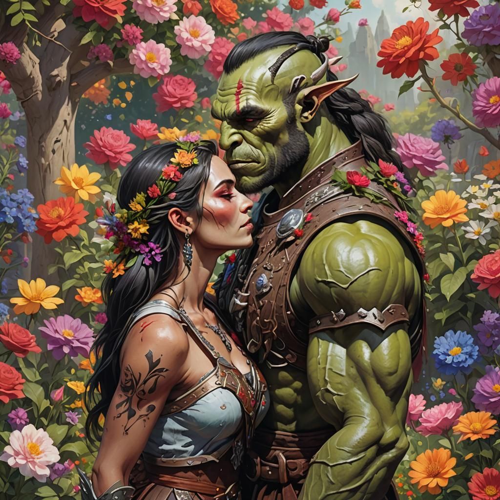 Orc Warrior Kissing Priestess in Flower Garden