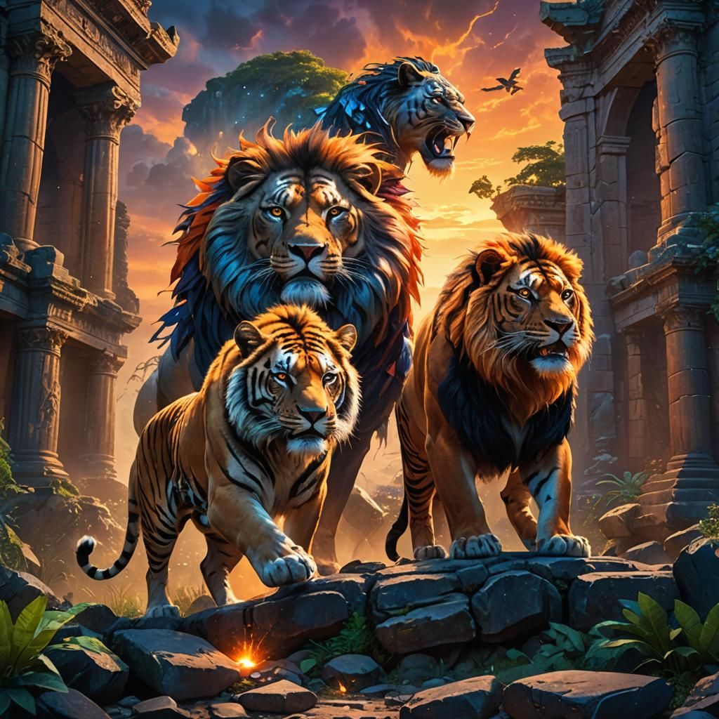 Superhero and Villain Clash on Lion and Tiger Backs