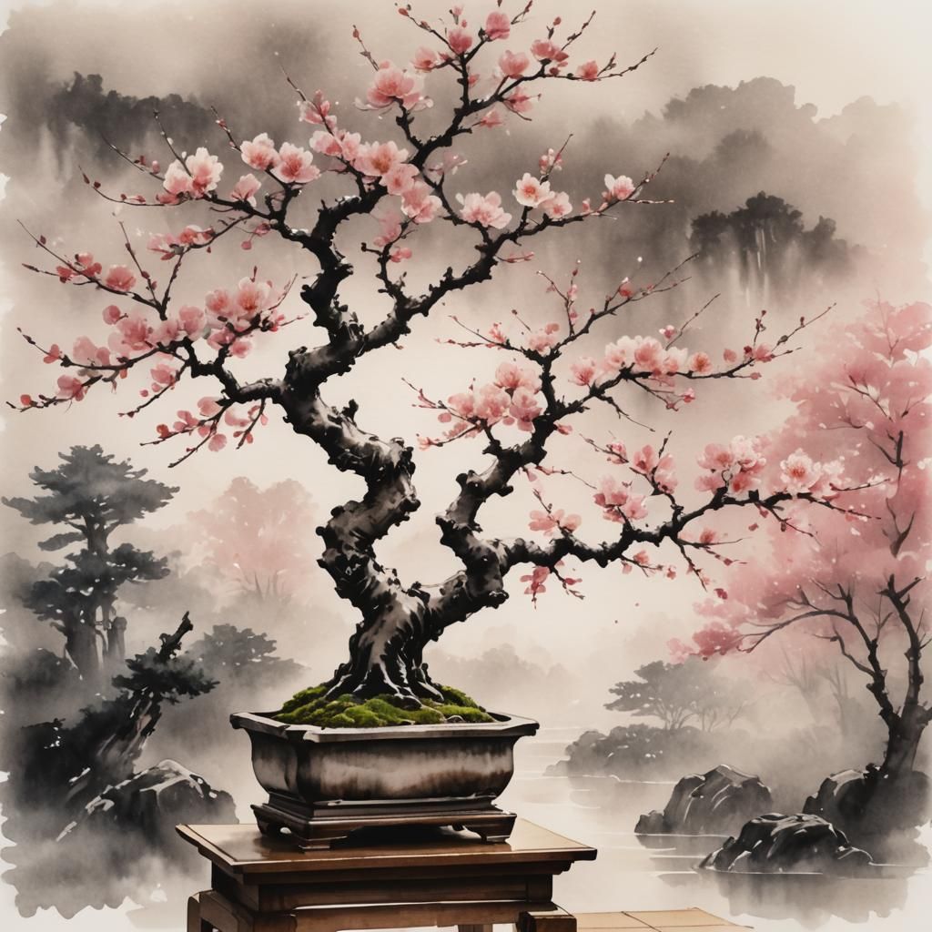 Majestic Cherry Blossom Bonsai Tree in Ink Wash Style