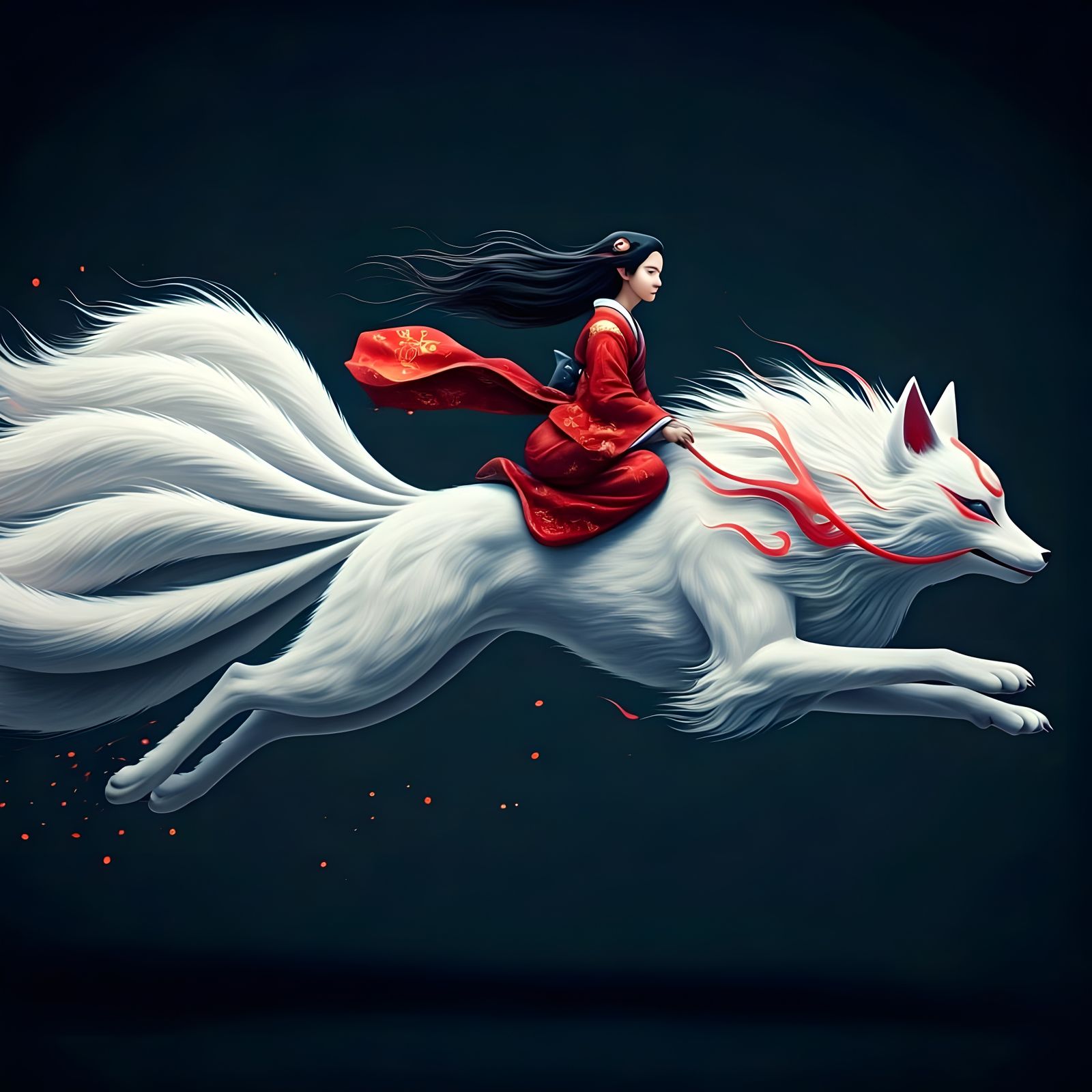Woman Riding Mythical Fox in Japanese Art