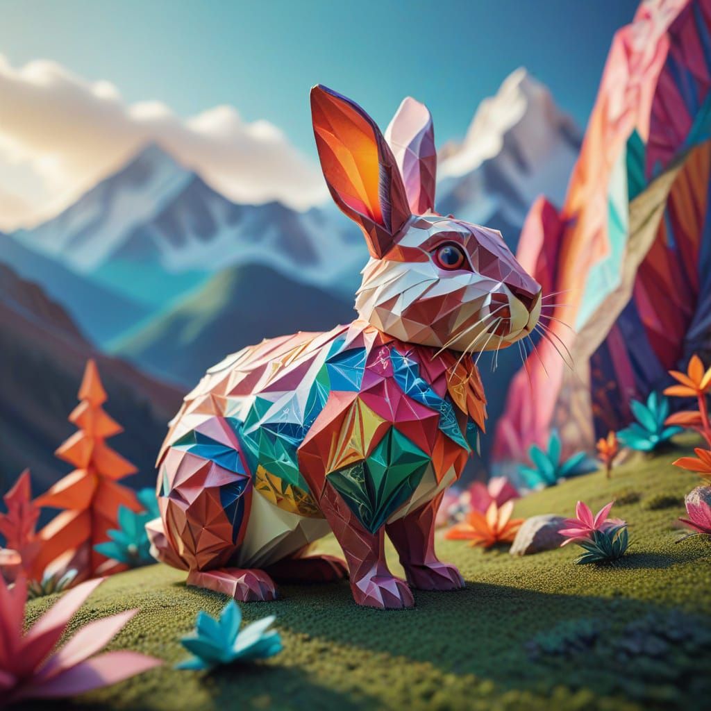 Vibrant Stylized Rabbit in Whimsical Landscape