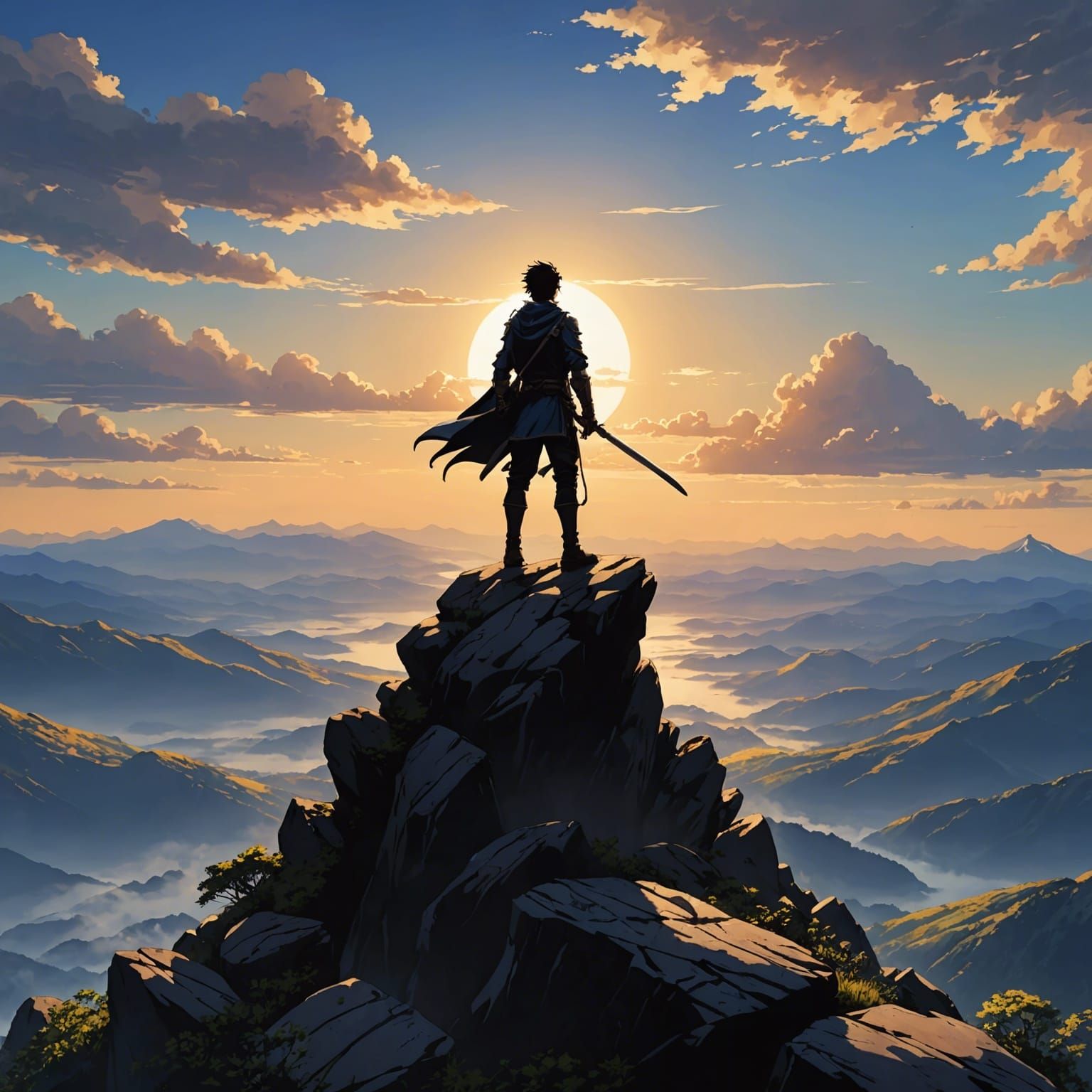 Hero on Mountain Peak in Anime Style
