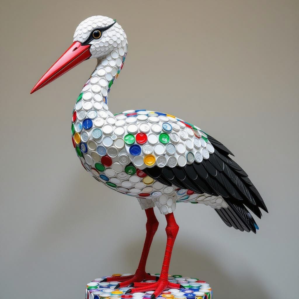 Stork Sculpture Made from Recycled Plastic Bottle Caps