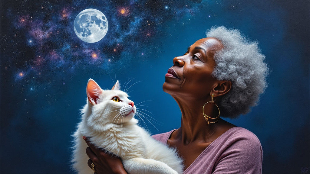 Serene Matriarch and White Cat Under Moonlight