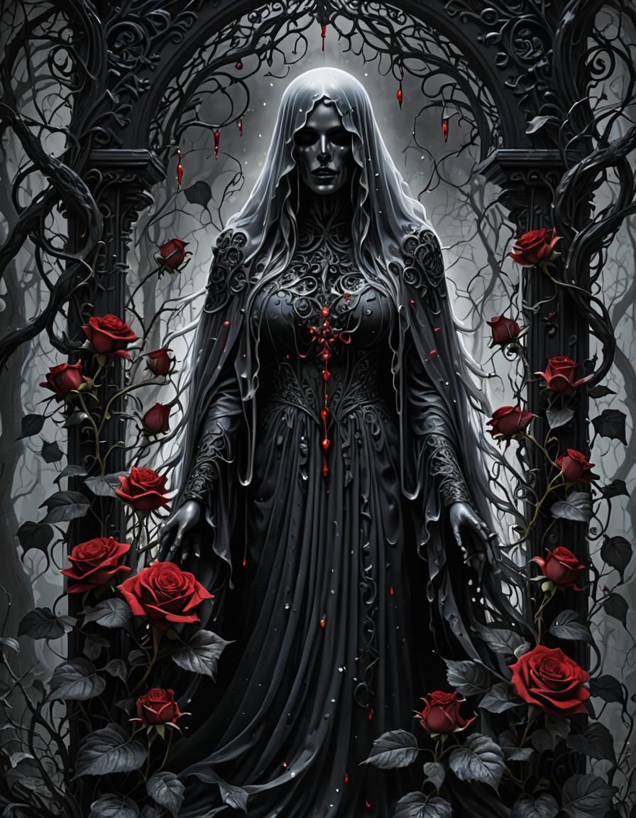 Ghost Among Black Roses in Gothic Fantasy Forest