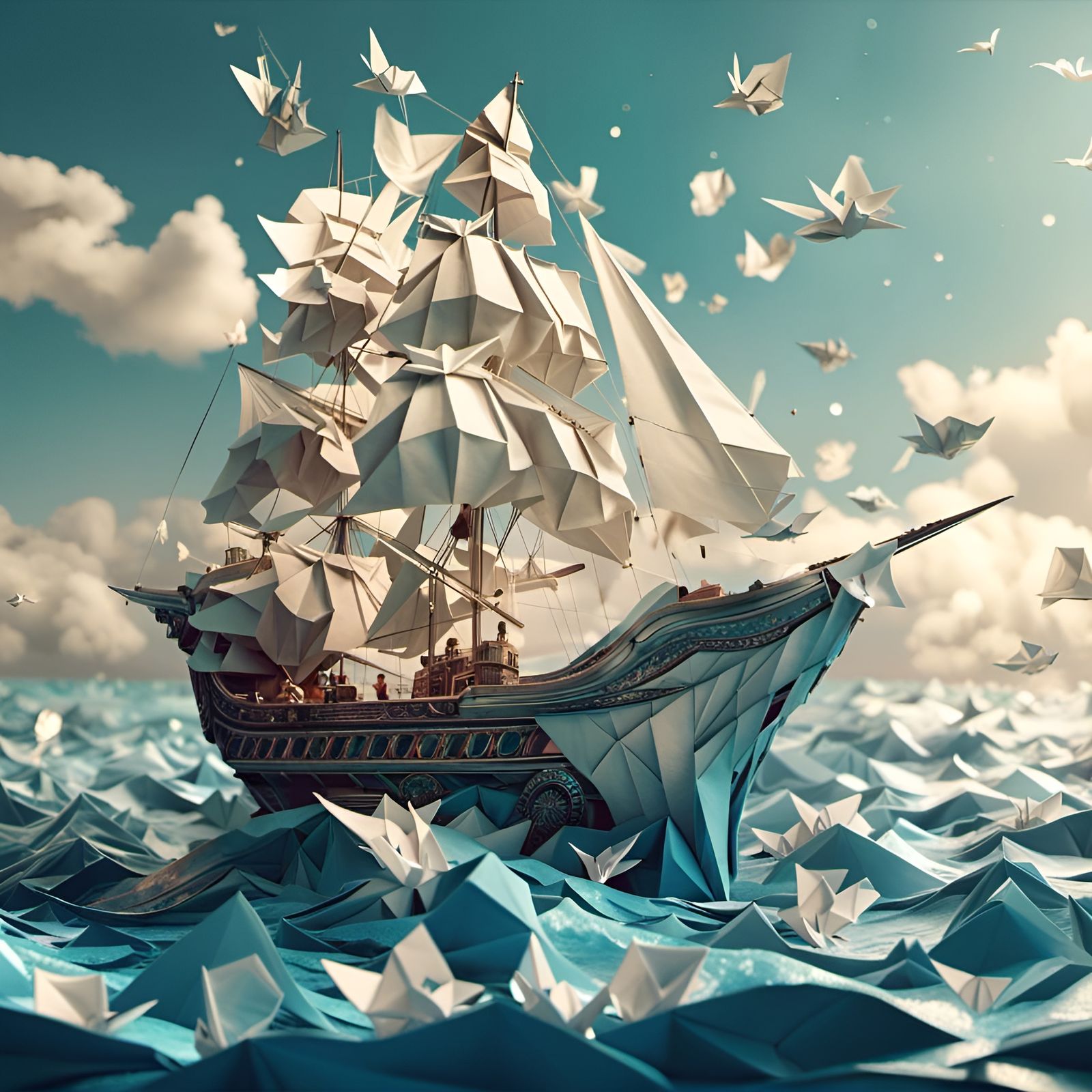 Origami Sailor and Mermaid in 3D Render