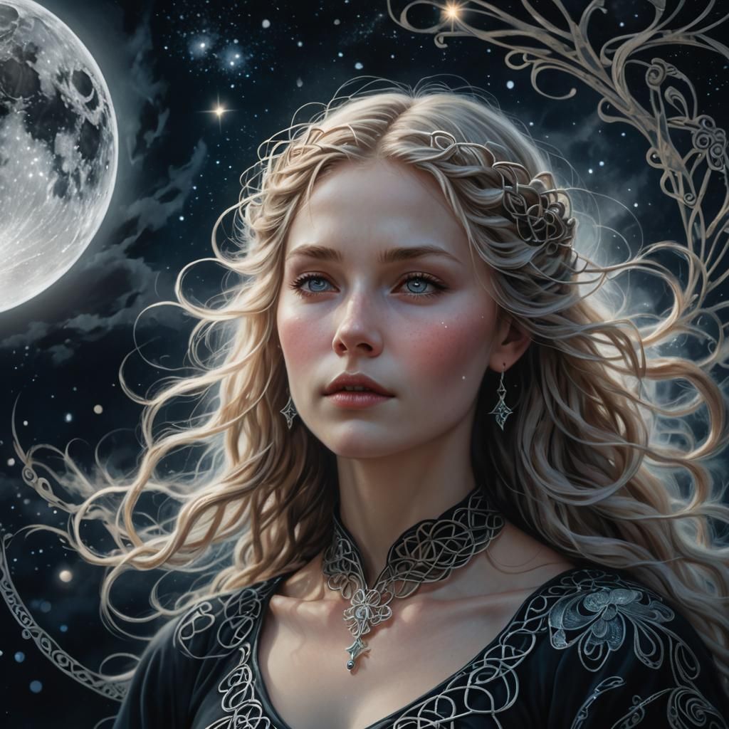 Ethereal Norse Woman Emerging from Moon in Fantasy Art