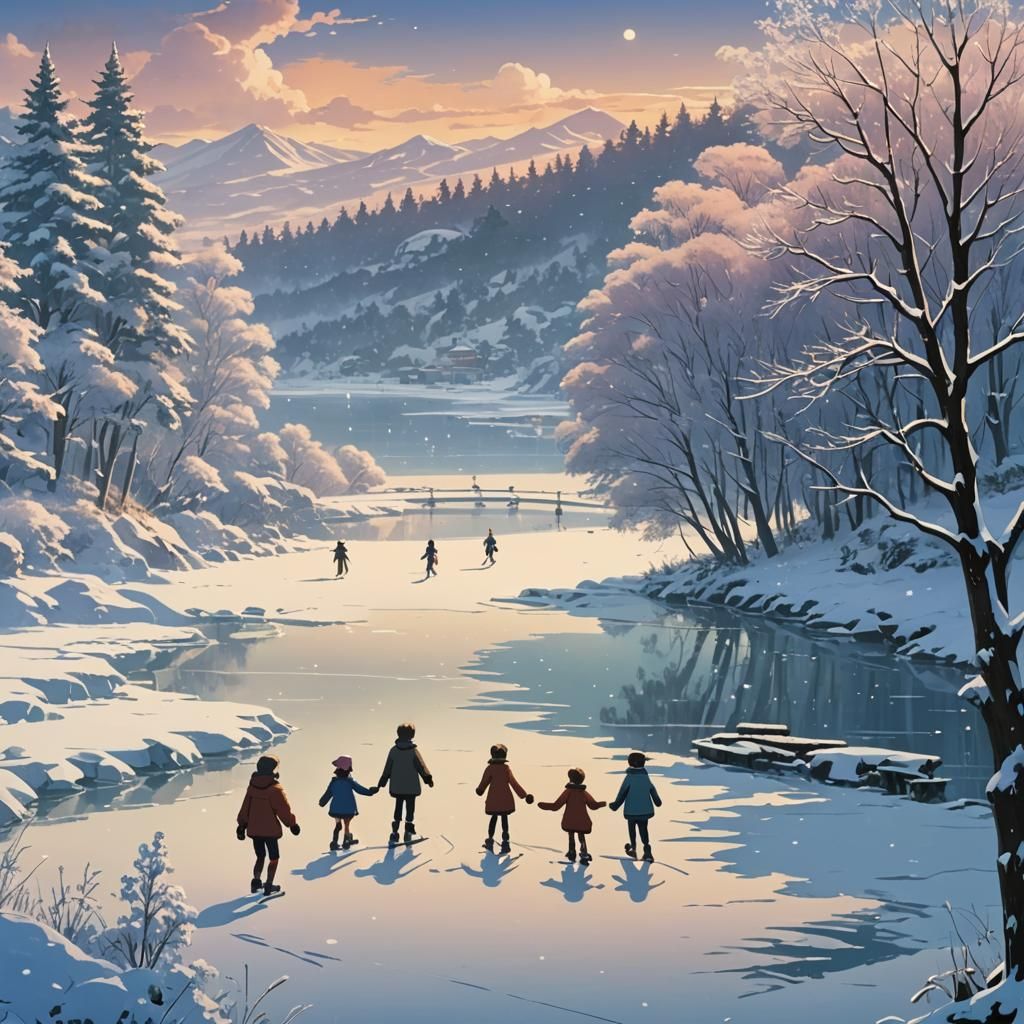 Family Skating on Frozen Lake: Studio Ghibli Anime