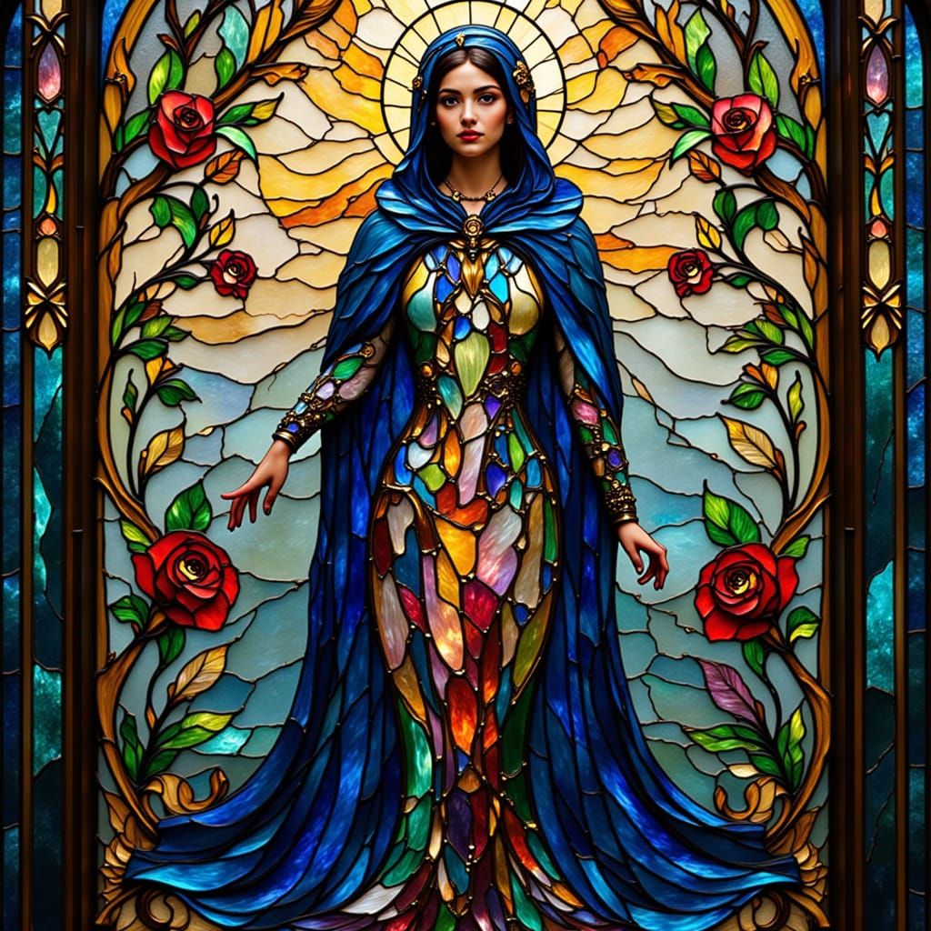 Woman and Roses in Stained Glass Style