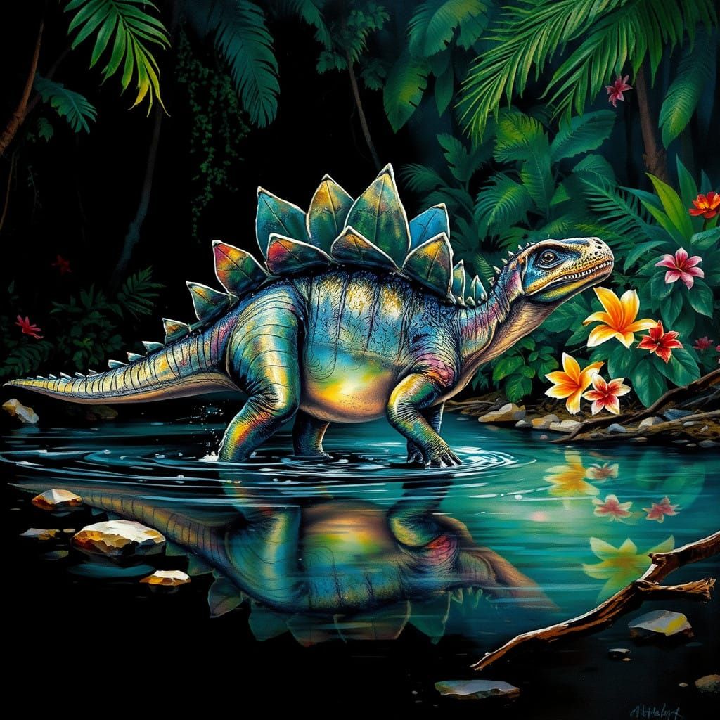 Dew-Kissed Stegosaurus in Jungle Paradise