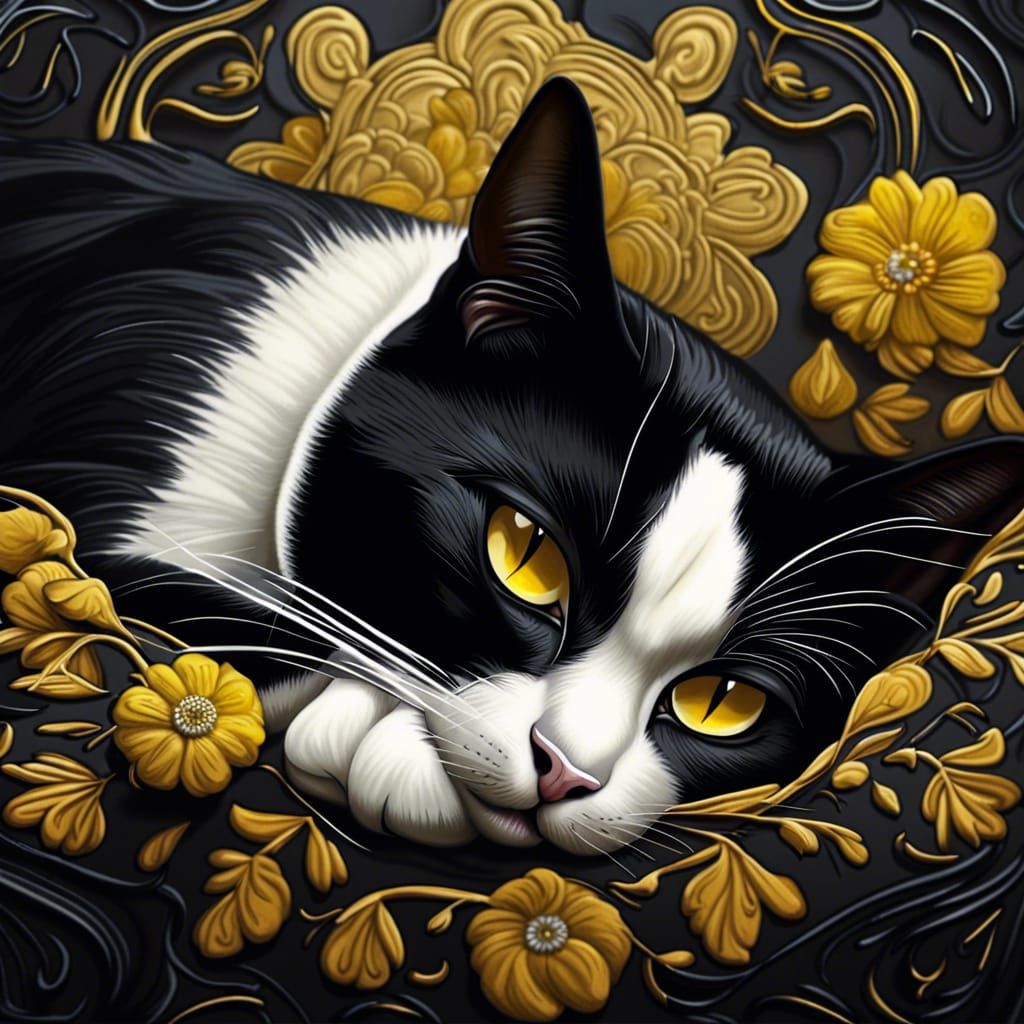 Hyperrealistic Tuxedo Cat with Yellow Eyes