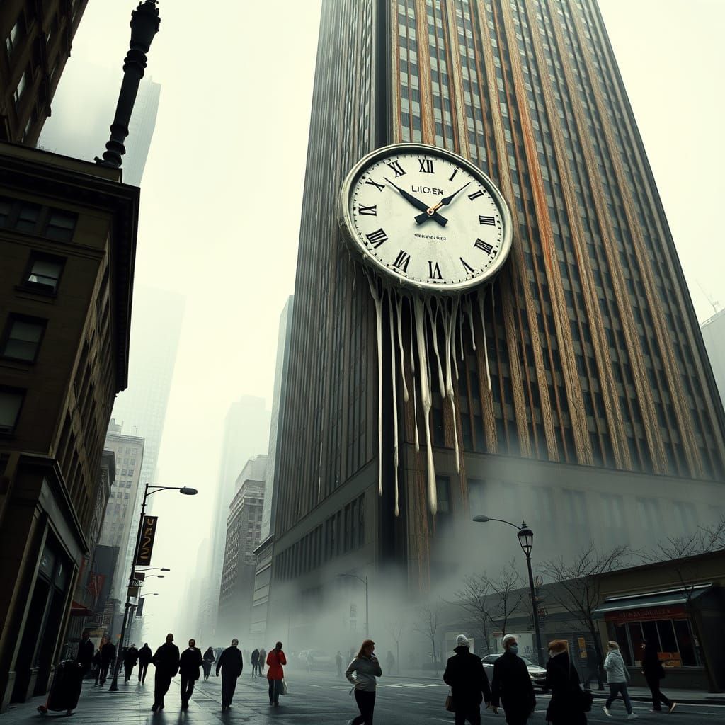 Surreal Melting Clock Towers Over City
