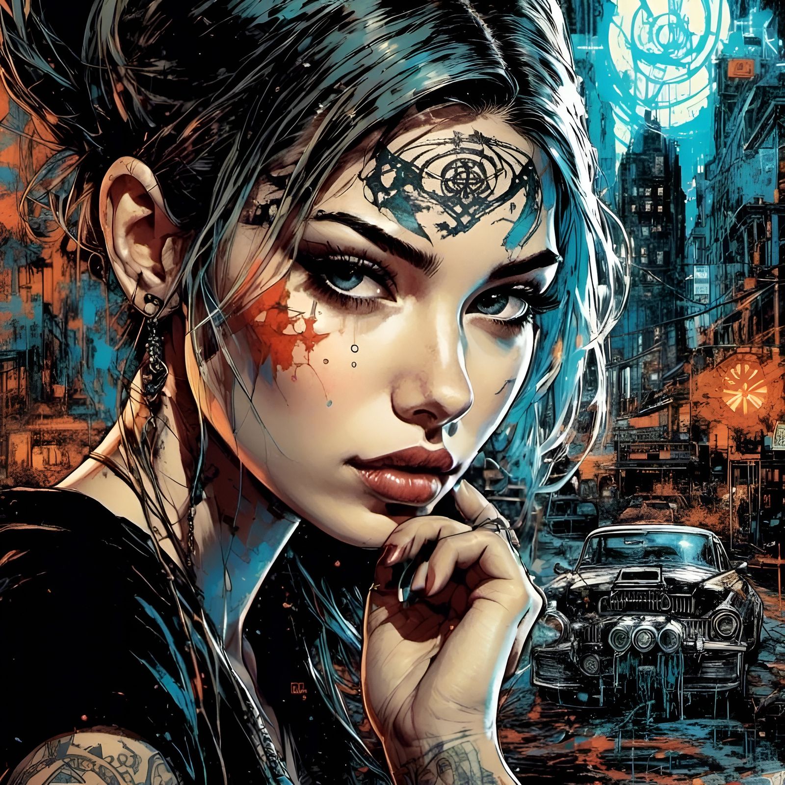 Retro Cyberpunk Pinup in Splash Art Style