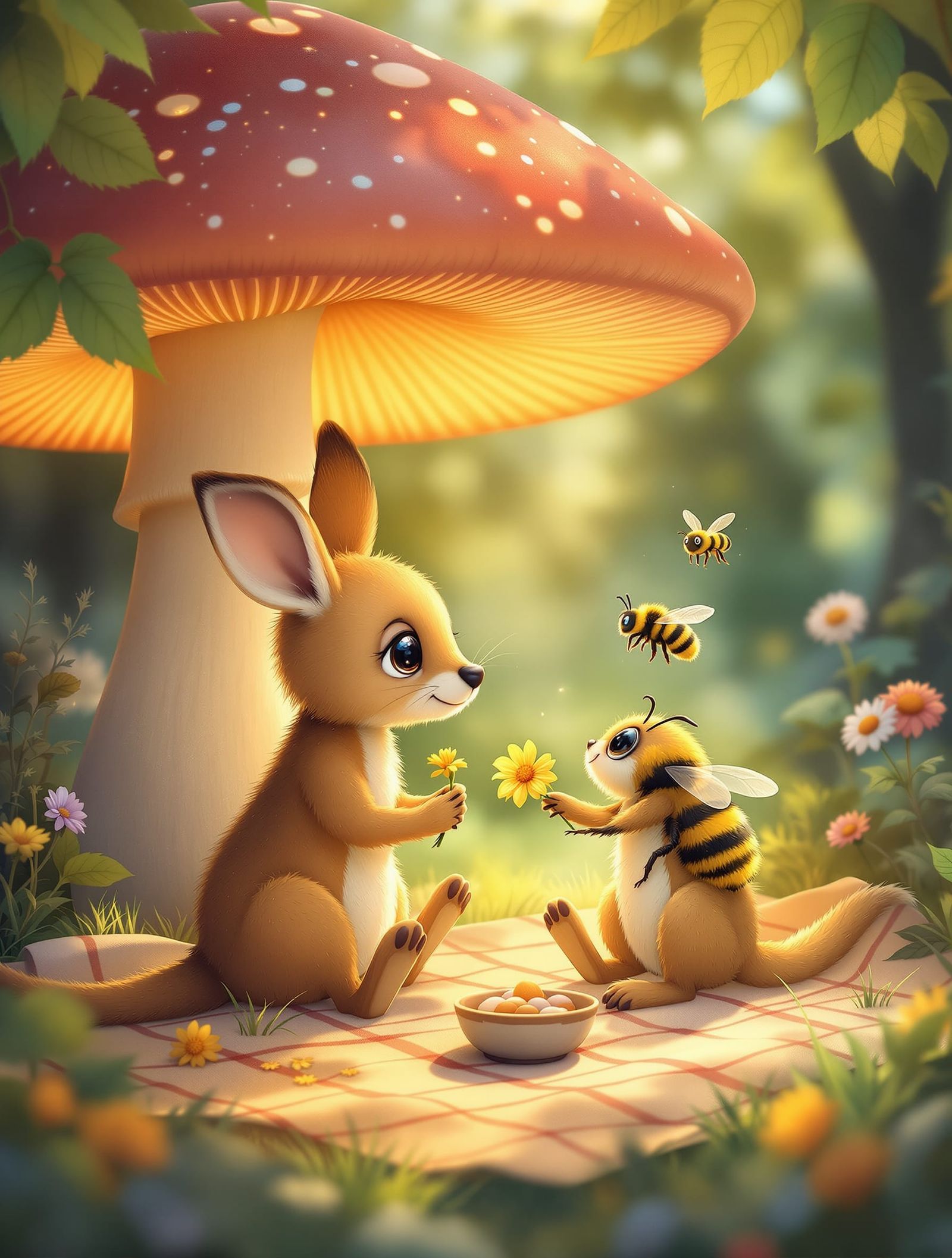 Cute Kangaroo Joey's Fairytale Picnic with Bumblebee