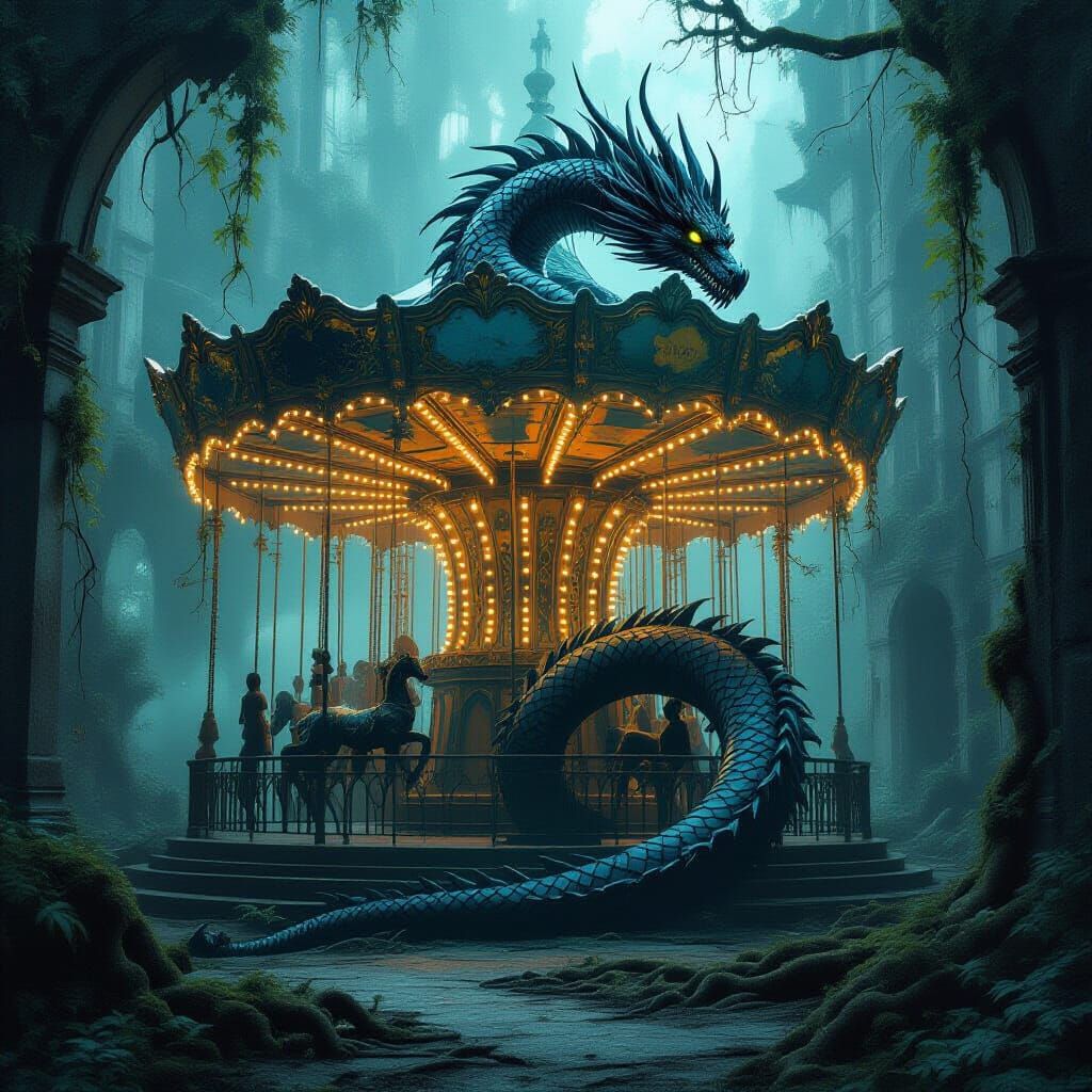 Obsidian Dragon Guards Ruined Carousel in Overgrown City