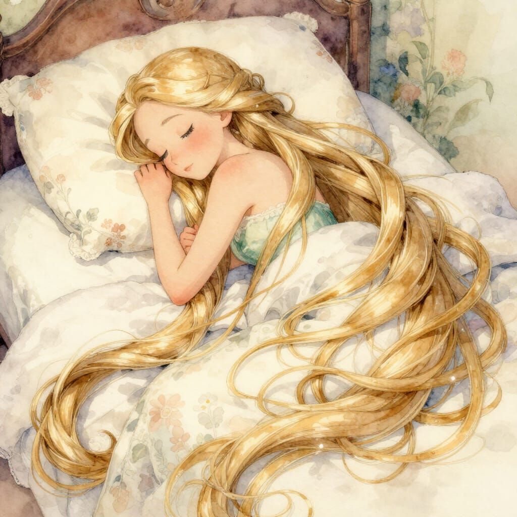 Rapunzel Wakes in Bed with Tangled Golden Hair