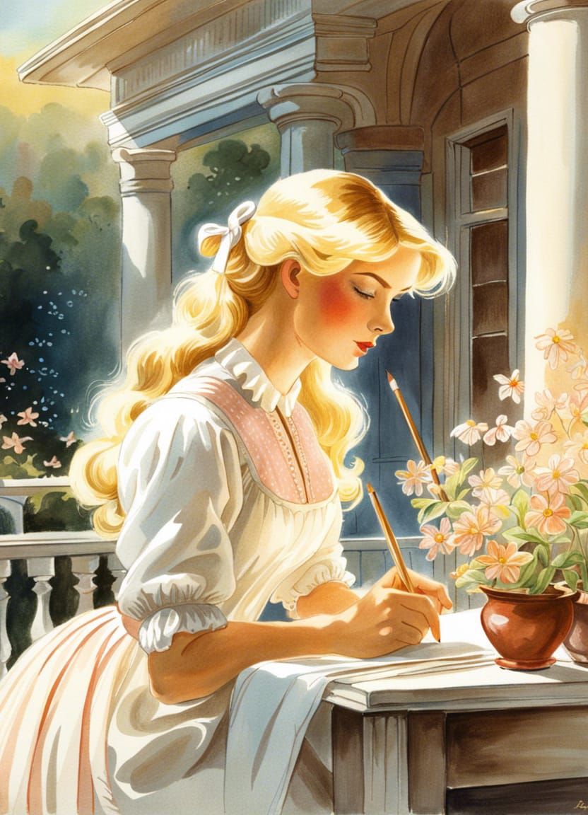 Girl Painting on Veranda in Don Bluth Style