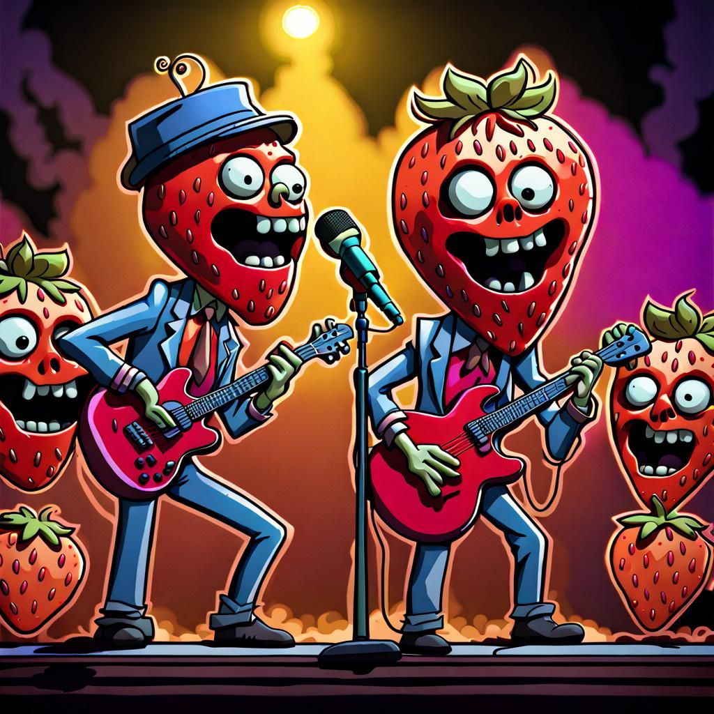 Cartoon Zombie Fruit Band Concert in Hyperrealistic Style