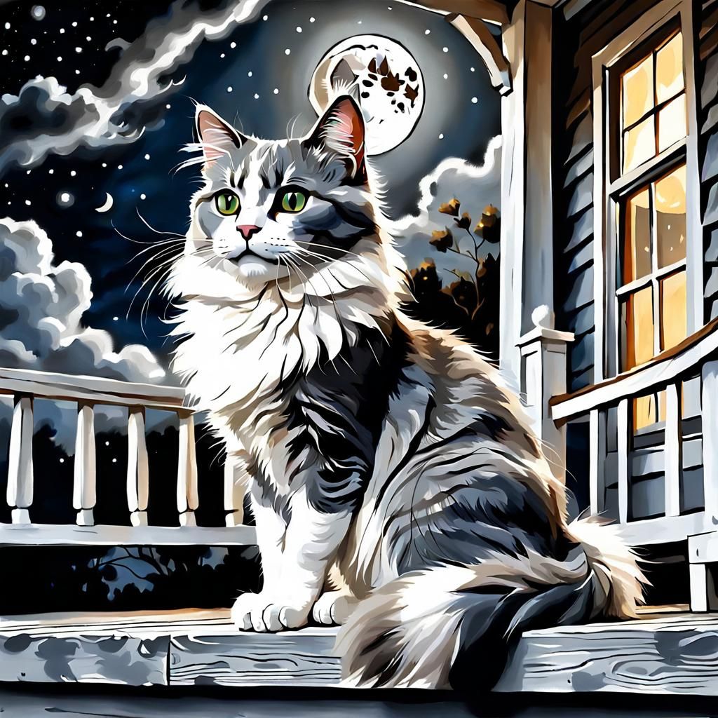 Fluffy Cat Reaching for the Moon: Cartoon Art