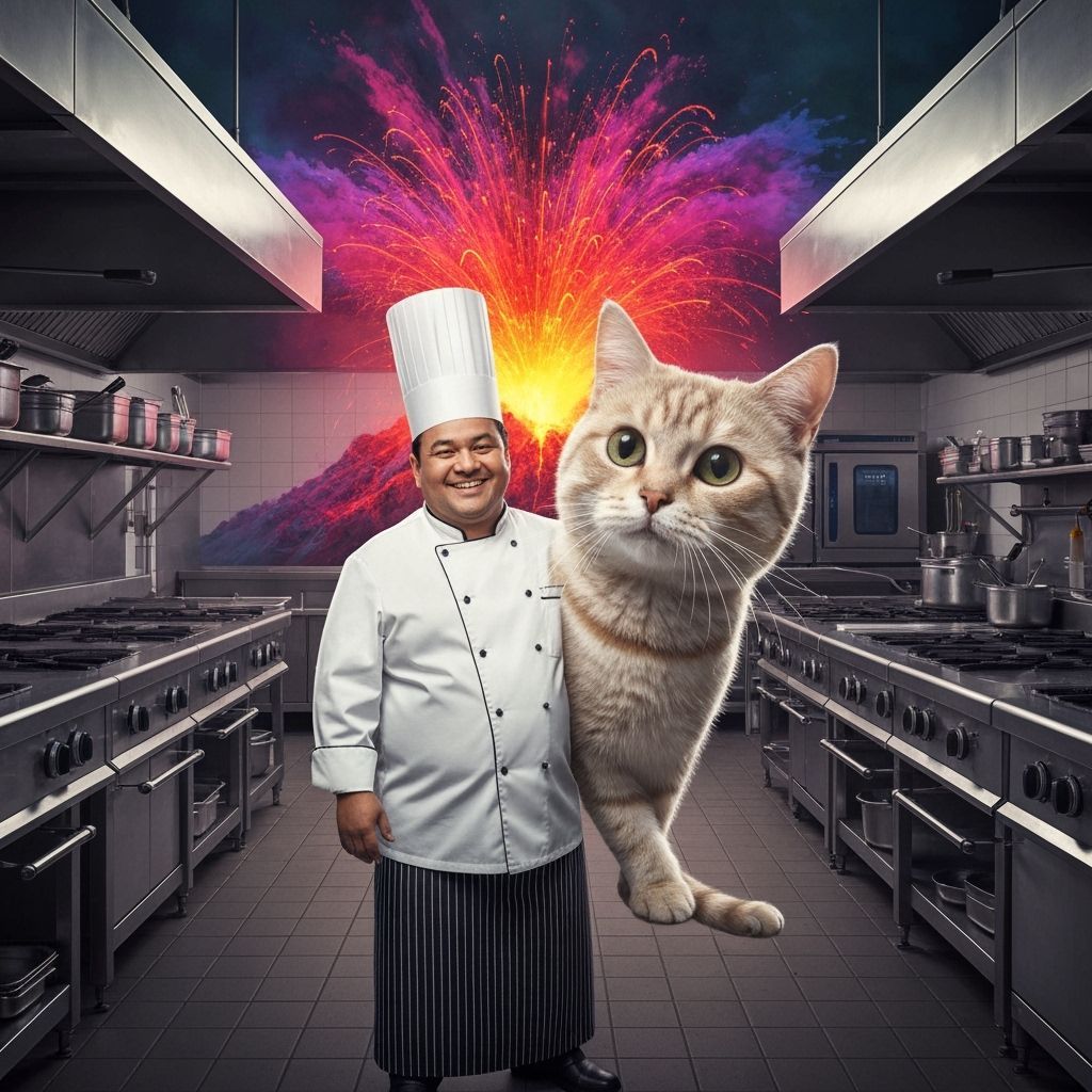 Surreal Cat Chef Scene with Volcano Backdrop