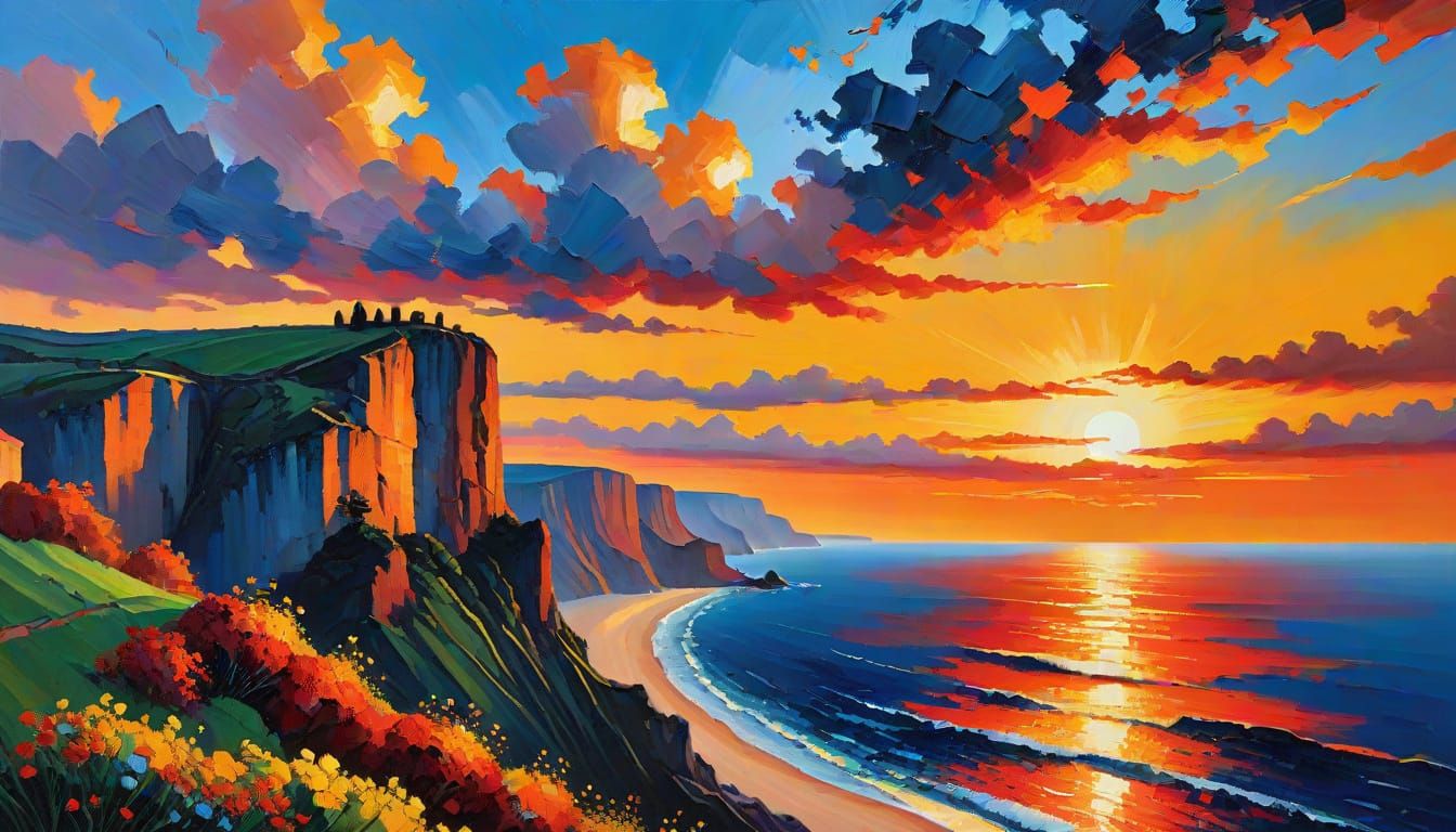 Neo-Impressionist Oil Painting of Sunset Horizon
