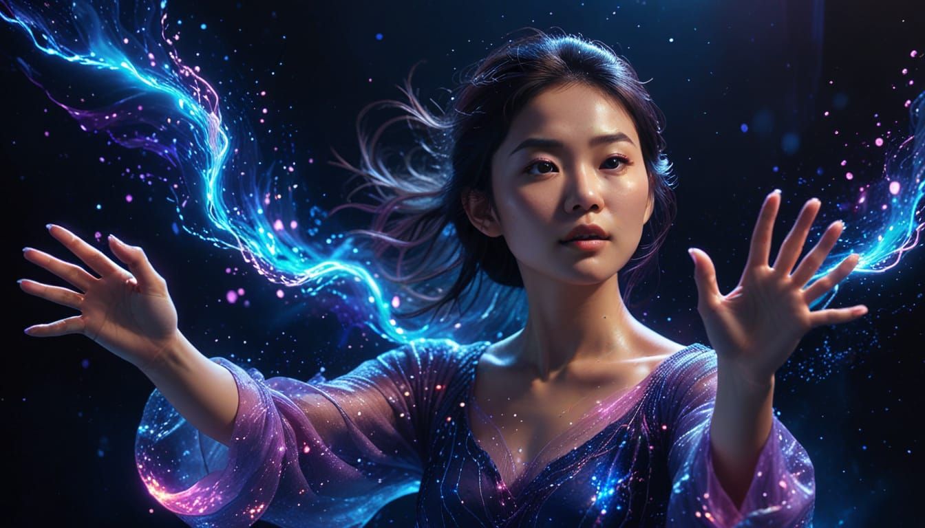 Neon Asian Woman in a Luminous Universe