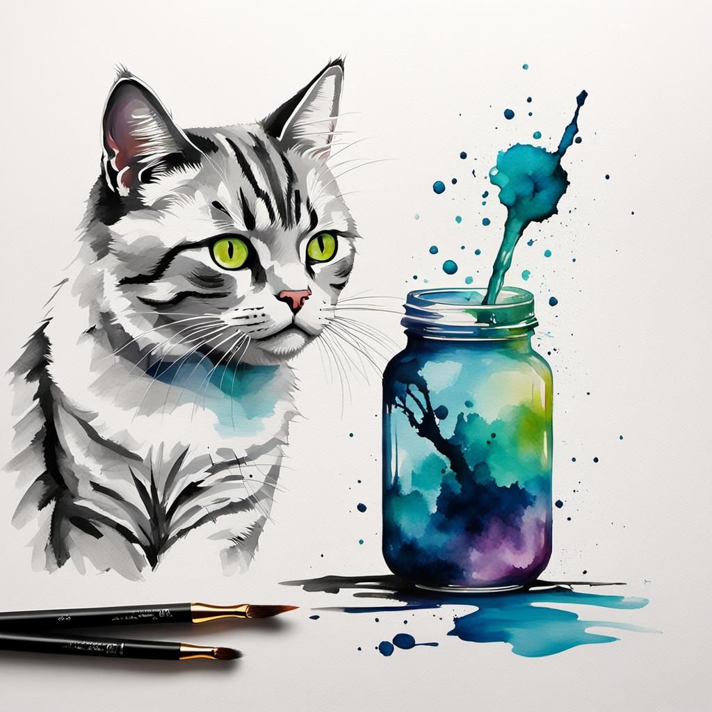 Un estudio de arte minimalista, un artista gato pintando un ...