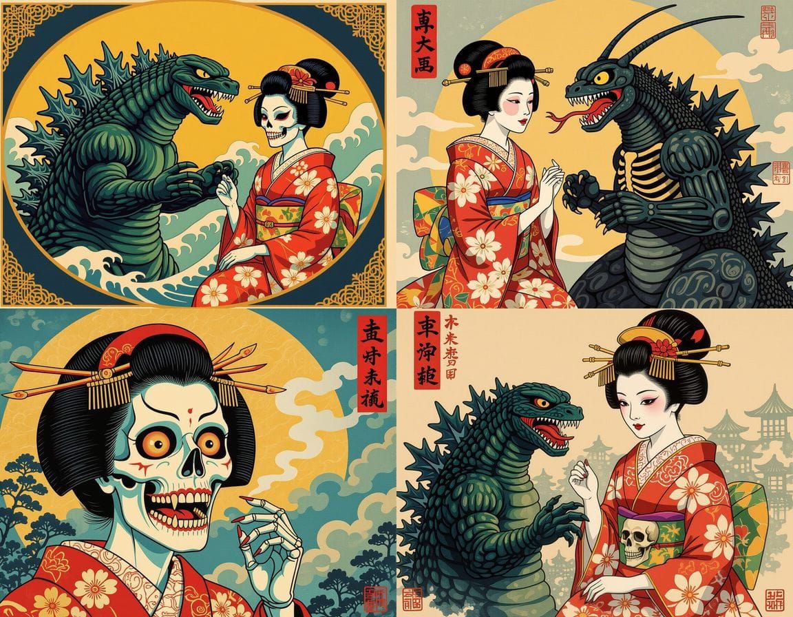 Brutal 1950s Japan: Geisha Skull in Gouache