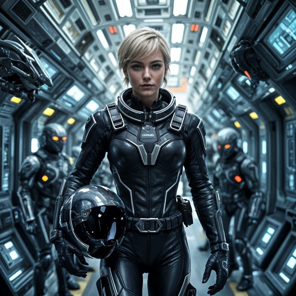 Space Pilot Strides Through Futuristic Station