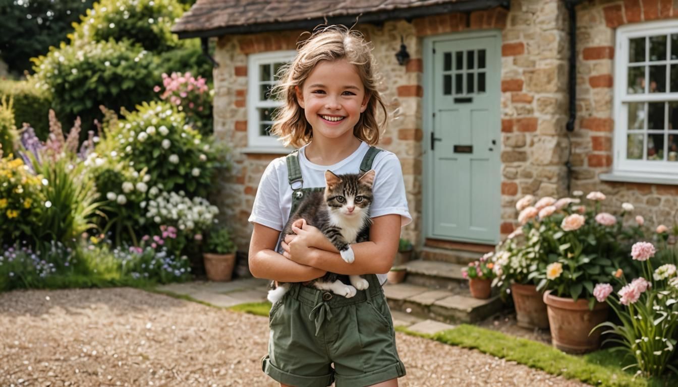 Girl with Kitten in Front of Cottage