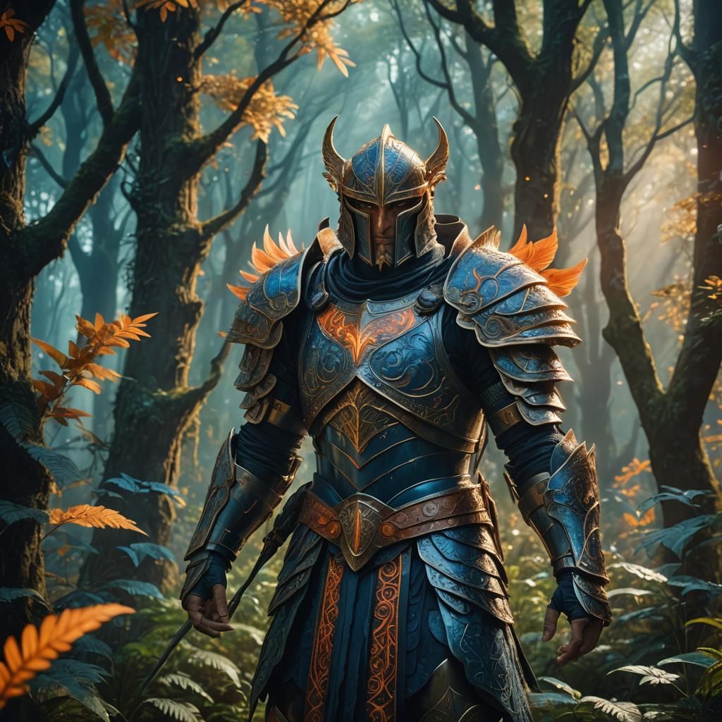 Armored Warrior in Mystical Forest, Fantasy Art