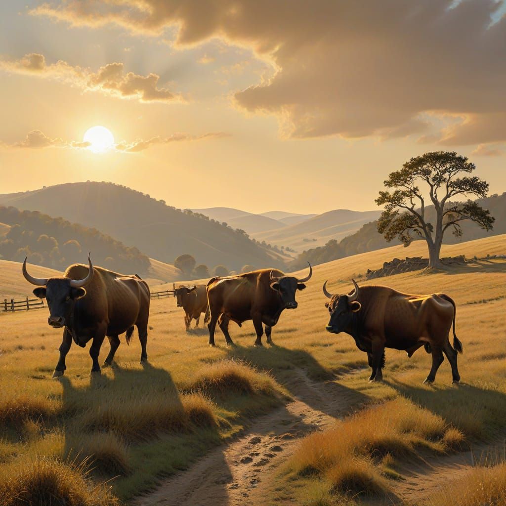 Oxen and Bulls in Golden Light Rustic Landscape