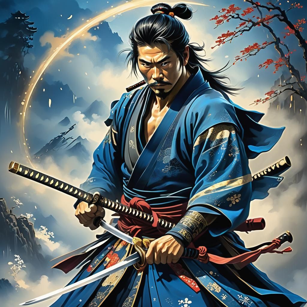 Samurai with Katana in Vibrant Hokusai-Inspired Style