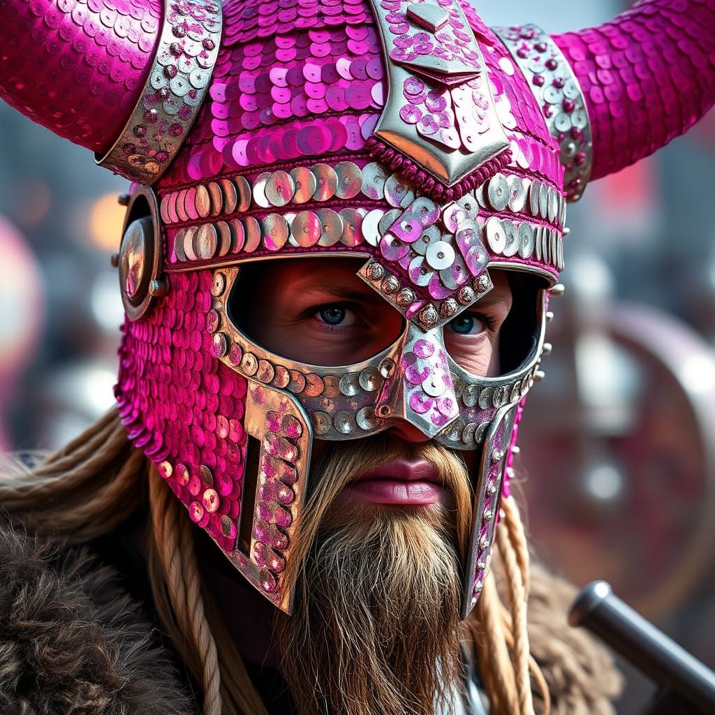 Viking Warrior in Glittering Sequins Helmet