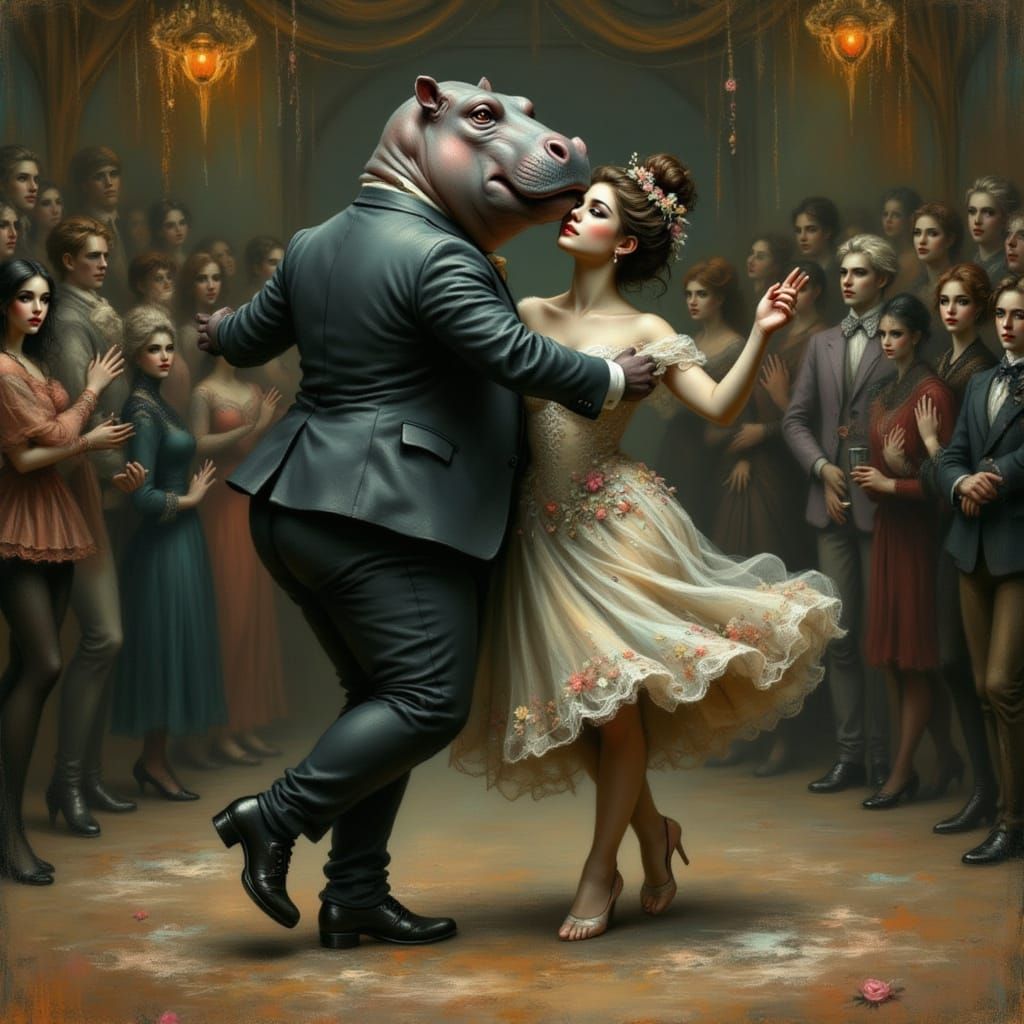 Hippo-Man Waltzes Gracefully with Lady in Macabre Arena
