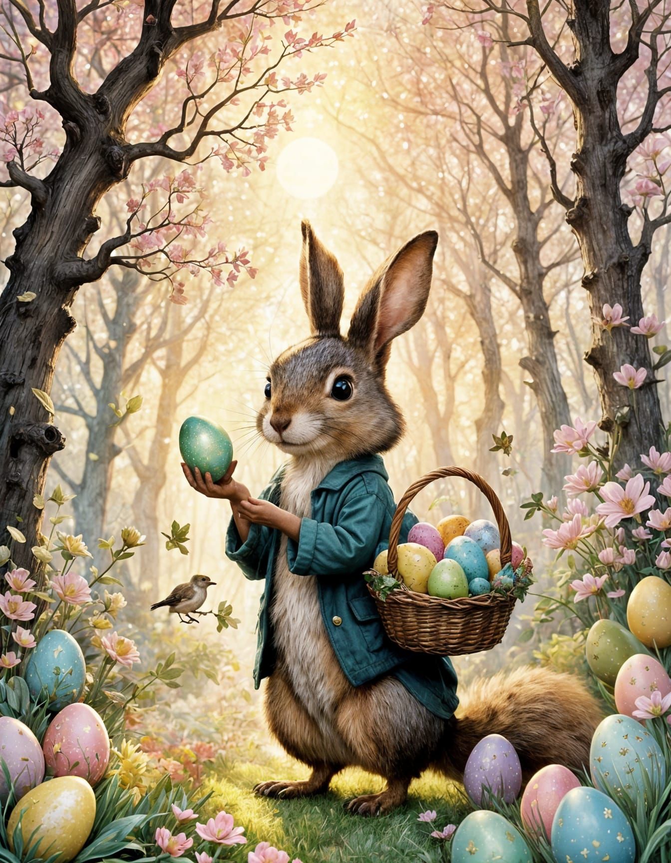 Whimsical Sunrise Forest with Magical Creatures