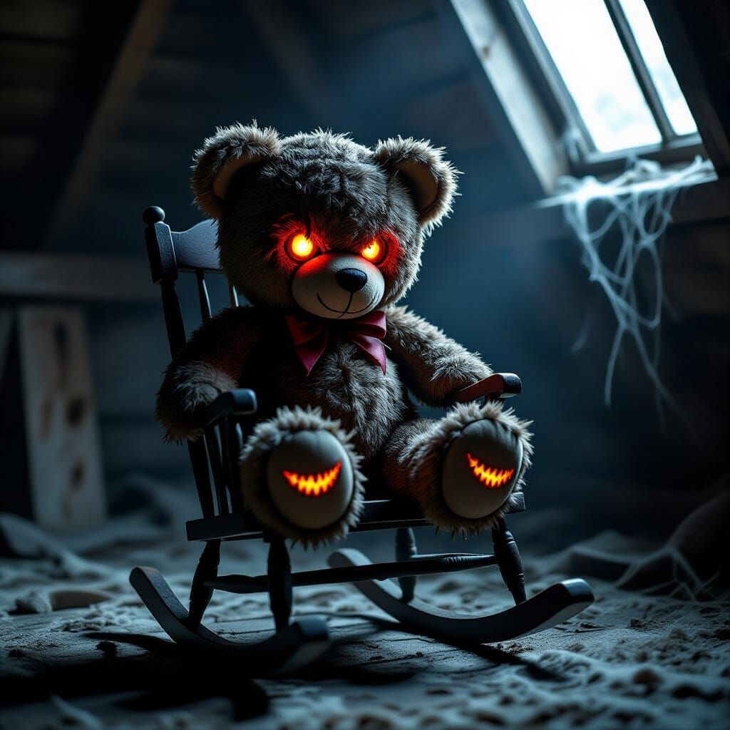 Sinister Teddy Bear With Ember Eyes on Dusty Rocking Horse