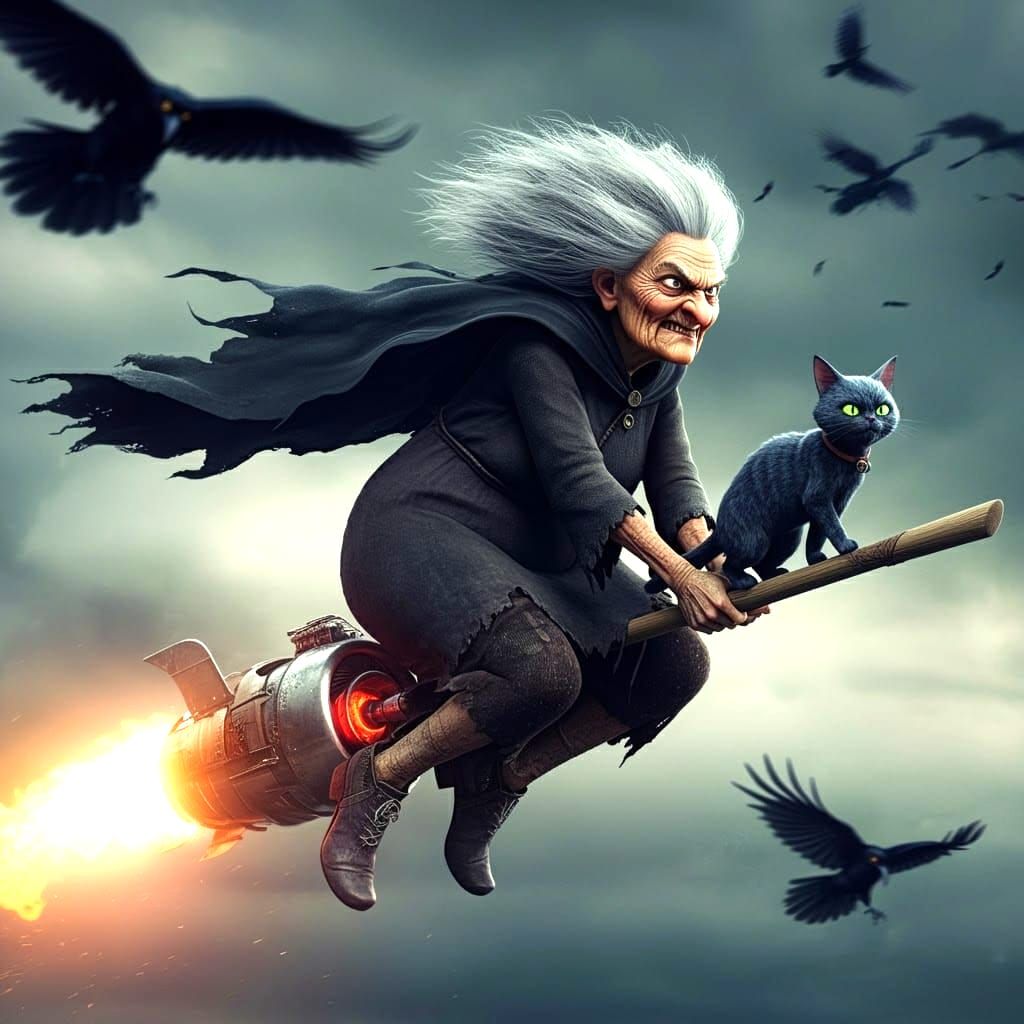 Humorous Witch Soars on Jet-Powered Broomstick