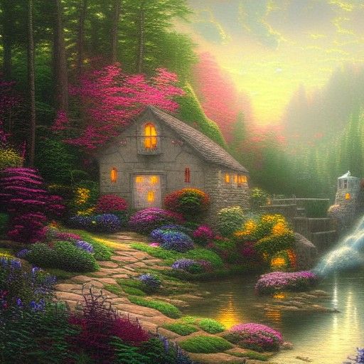 Ethereal Water House in Mist, Fantasy Scene