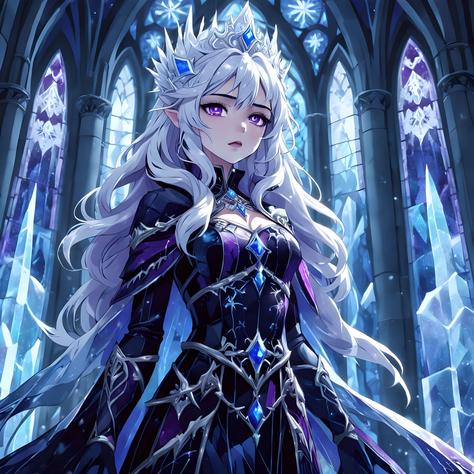 Gothic Ice Princess in Frozen Cathedral, Anime Style