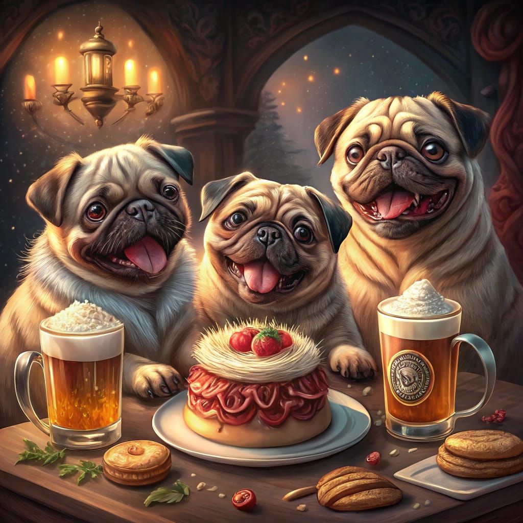 Three Adorable Pugs Enjoy a Sumptuous Feast with Beer