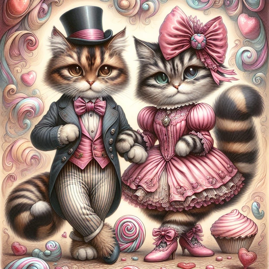 Victorian Whimsy Cat Couple in Love