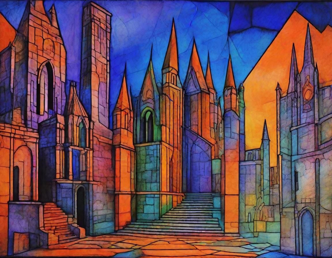 Medieval Castle with Gargoyles in Cubist Astral Style